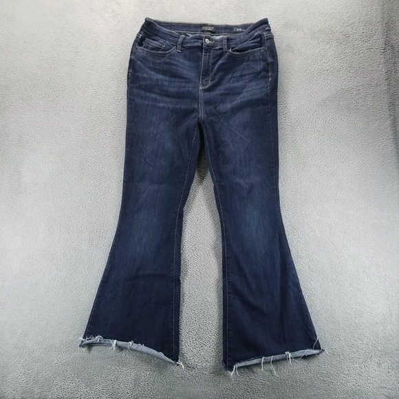 Judy Blue Denim - Judy Blue Jeans Womens 32 Blue Flare Mid Rise Dark Wash Raw Hem Stretch